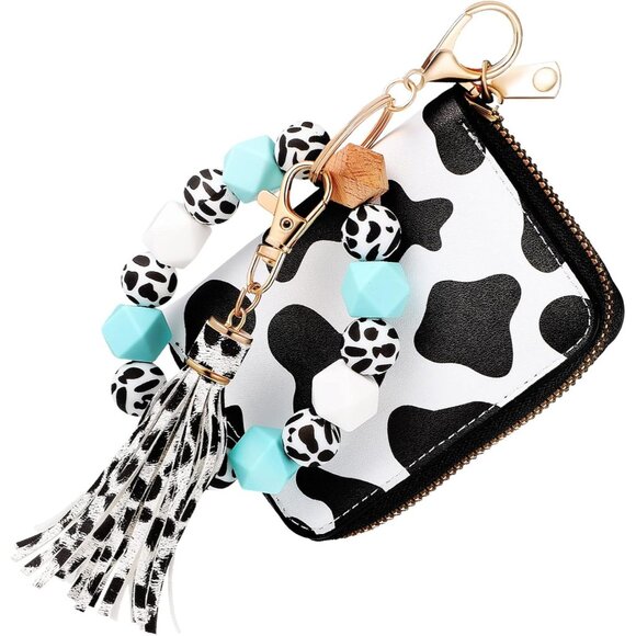 Cow Print Card Wallet with Keychain Set Fashionable PU Leather Women - Picture 1 of 9